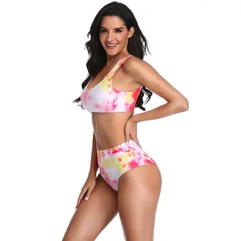 Ženske Seksi 2 Kos Bikini Komplet Za Nizke Frekvence Backless Oblazinjeni Tie-Dye Kopalke Gradient Mavrica Pisane Visoka Vitka Kopalke Plaži