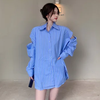 Korejski Elegantna 2021 Priložnostne Poletje Modni River Eno Vrstico prugasta Dolgo sleeved Majico Izgubijo Vse-tekmo Bluzo Ženske