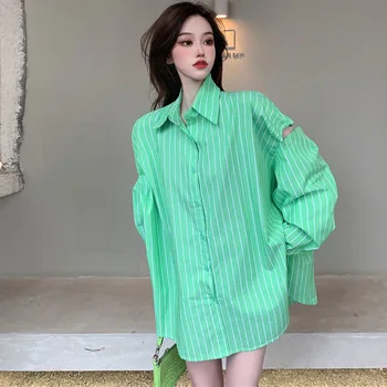 Korejski Elegantna 2021 Priložnostne Poletje Modni River Eno Vrstico prugasta Dolgo sleeved Majico Izgubijo Vse-tekmo Bluzo Ženske