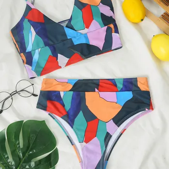 Ženske Bikini Komplet 2021 Seksi Multicolor Geometrijske Tiskanja Visoko Pasu Split Kopalke Dekle Križ Kopalke, kopalke Ženski Nedrček
