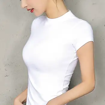 95% Bombaža, kratek rokav Turtleneck vrhovi ženske t shirt poletje 2020 Osnovno t-shirt črna, sivo bele barve tshirt ženske