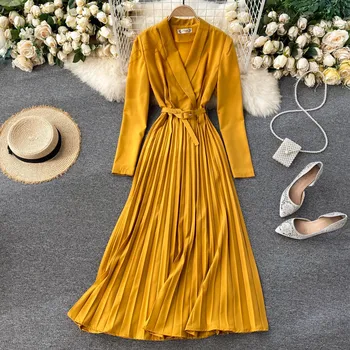 2021 Novo Pomlad Jesen Obleka Za Ženske Obleke, Elegantne Proti-vrat Čipke-up Dolgo sleeved Nabrano Obleko f559