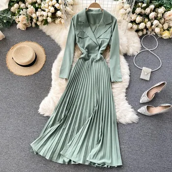 2021 Novo Pomlad Jesen Obleka Za Ženske Obleke, Elegantne Proti-vrat Čipke-up Dolgo sleeved Nabrano Obleko f559