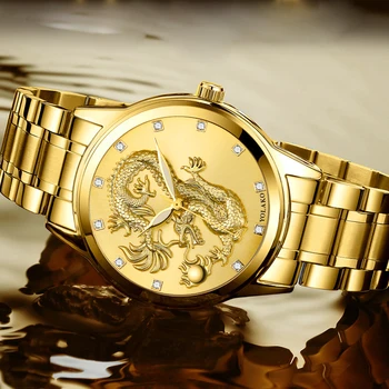 Način Herren Edelstahl Uhren Luxus Način Goldenen Drachen Skulptur Quarz Wristatch Mannlichen Business Casual Uhr Reloj Hombre