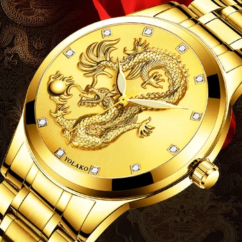 Način Herren Edelstahl Uhren Luxus Način Goldenen Drachen Skulptur Quarz Wristatch Mannlichen Business Casual Uhr Reloj Hombre