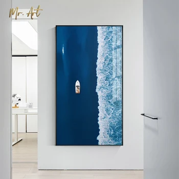 Sodobna Wall Art Dekor Modra Plakat Seascape z Ladjo Platno Painitng Nordijska Sliko, Dnevna Soba, Spalnica, Hodnik, Edinstvena Umetnost