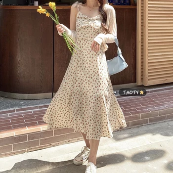 Poletje Korejski Cvjetnim Tiskanja Trak Obleka Ženske Elegantne Sweet Stranka Midi Obleko Ženski Francoski Kawaii Priložnostne Plaža Obleko 2021 Nova