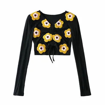 Majice z dolgimi rokavi za ženske cvetlični bluze crop tops korejski moda bel eleganten top treetwear majica letnik lolita bluzo