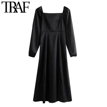 TRAF Ženske Elegantna Moda Spredaj Režejo Mehki Midi Dress Vintage Dolg Rokav Nazaj Elastična Ženske Obleke Vestidos Mujer