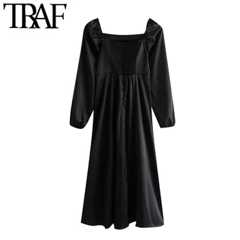 TRAF Ženske Elegantna Moda Spredaj Režejo Mehki Midi Dress Vintage Dolg Rokav Nazaj Elastična Ženske Obleke Vestidos Mujer