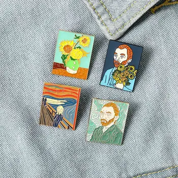 Oljna Slika, Emajl Zatiči Po Meri Scream Sončnično Van Gogh Broške Vrečko Oblačil River Pin Značko Umetnosti Nakit