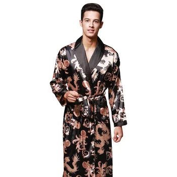 Moški Natisnjeni Haljo Saten Svilnato Kimono Plašč Priložnostne Sleepwear Moški Svoboden Nightgown Dolg Rokav Obleke Kopalni Plašč Črne Domov Oblačila