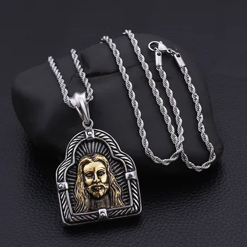 Klasični Krščanski Zlato Barvo Jezus Portret Vklesan Metal Punk Ogrlico, Obesek, Verske Slog Molitev Amulet Nakit