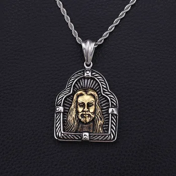 Klasični Krščanski Zlato Barvo Jezus Portret Vklesan Metal Punk Ogrlico, Obesek, Verske Slog Molitev Amulet Nakit