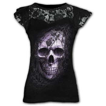 Plus Velikost Goth Grafični Čipke Majice za Ženske Gothic Oblačil Črne Grunge Punk Tees Ženske Y2k Kratek Rokav Vrhovi Poletje Tshirt