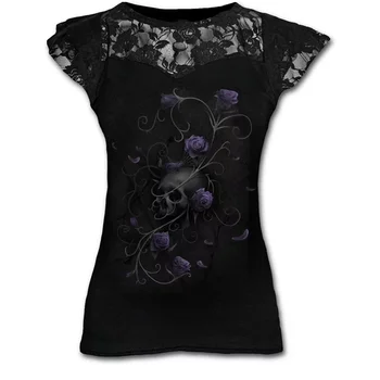 Plus Velikost Goth Grafični Čipke Majice za Ženske Gothic Oblačil Črne Grunge Punk Tees Ženske Y2k Kratek Rokav Vrhovi Poletje Tshirt