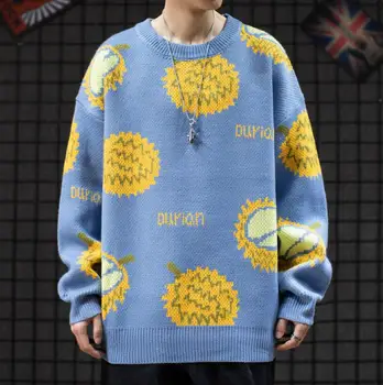 2021 Jeseni, Pozimi Moške Natisnjeni O-vratu Puloverju Udobno Priložnostne Japonski Trend Durian sadje pleteni pulover Človek w1628