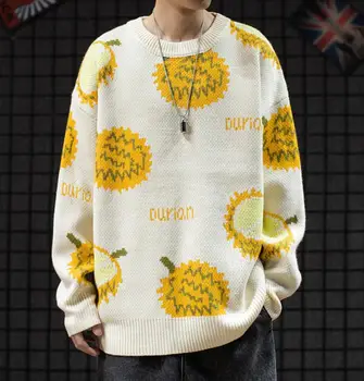 2021 Jeseni, Pozimi Moške Natisnjeni O-vratu Puloverju Udobno Priložnostne Japonski Trend Durian sadje pleteni pulover Človek w1628