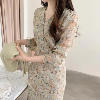 Poletje Korejski Cvjetnim Tiskanja Obleka Ženske Elegantne Chic Vintage Stranka Midi Obleko Ženski Slim Dolge Počitnice Poletje Retro Obleko 2021