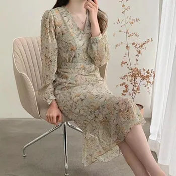 Poletje Korejski Cvjetnim Tiskanja Obleka Ženske Elegantne Chic Vintage Stranka Midi Obleko Ženski Slim Dolge Počitnice Poletje Retro Obleko 2021