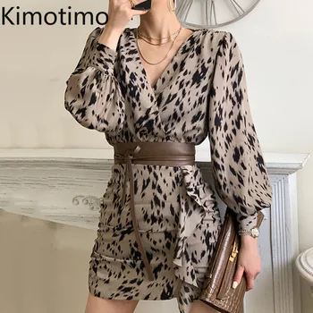 Kimotimo Temperament Leopard Šifon Obleko Ženske korejski Rahlo Zrel Proti-vrat Povoj Poletje Ruffle Dolg Rokav Slim Mini Obleke