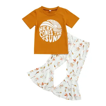2021-04-08 Lioraitiin 2-6Years Malčke Baby Girl ' s T-majica in Hlače Obleko Pismo Kratka sleeved Vrhovi Cvet Trobenta Dolge Hlače