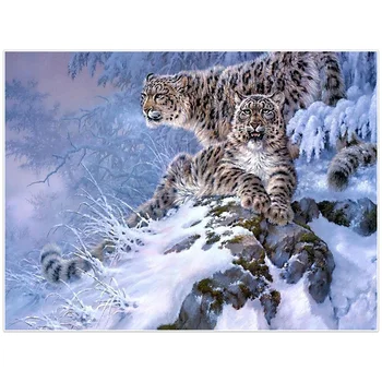 Diamond Vezenje Leopard Vzorec Navzkrižno Šiv Diamond Slikarstvo Celoten Kvadratni Živali Sneg Diamond Mozaik Stenski Dekor