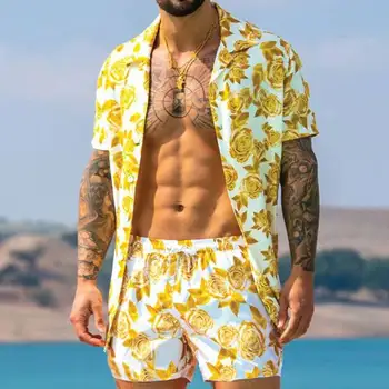 Moški Hawaiian Natisnjeni bo Ustrezala 2021Summer Moda Tanke Dihanje Majica Kratek Rokav Plaža Hlače Priložnostne Ulične 2 Kos Obleko Moški