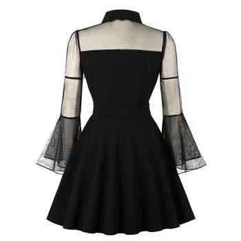 S-4XL Plus Velikost Ženske Gotike Seksi Mini Obleka Jeseni Črne Očesa Mozaik vidi Skozi Flare Rokav Draped Eleganten Stranka Obleko