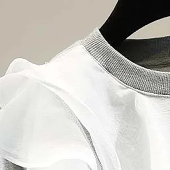 Ženske T-srajce Moda Vrh Poletje Black Vrhovi 2021 Novo Črno Ruffle Očesa Tee Navaden Kratek Rokav Priložnostne Vsakodnevno korejski Japonskem Slogu