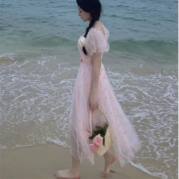 Yocalor Ženske Obleke Sladko Elegantno Kratek Rokav Vintage Cvetlični Obleko Samice Design Plaža Obleko Poletje 2021 Šifon Vestido