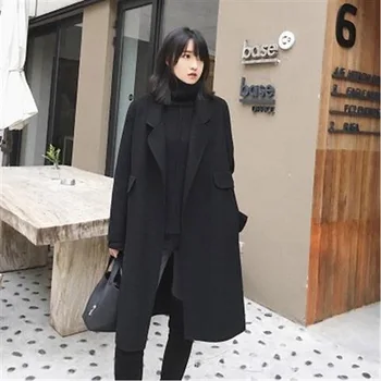 Ženske Zimske korejskem Slogu Črne Dolge Volne Mešanice Jarek Plašč 2020 Dame Moda Windbreaker Oblačila 2XL