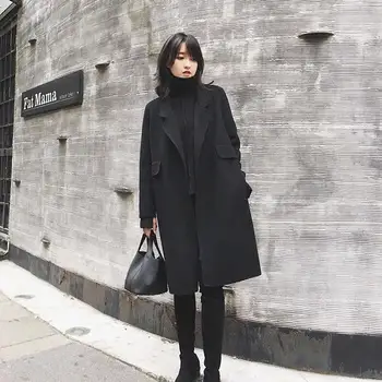 Ženske Zimske korejskem Slogu Črne Dolge Volne Mešanice Jarek Plašč 2020 Dame Moda Windbreaker Oblačila 2XL