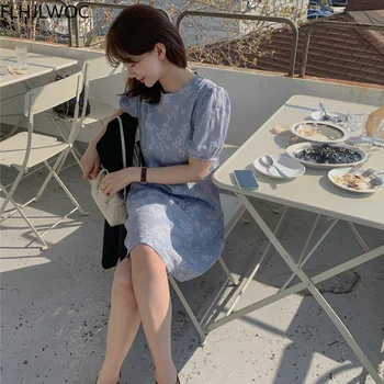 2021 Poletje Srčkan Sladka Dekleta, Ženske, Japonski Slog Oblikovanja Modra Cvjetnim Natisne Retro Vintage Elegantna Mini Obleka