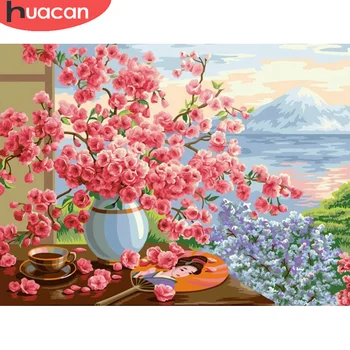 HUACAN 5D Diy Diamond Slikarstvo Vaza Cherry Blossoms Diamond Mozaik Okno Krajine Okrasnih Sliko Dom Dekor