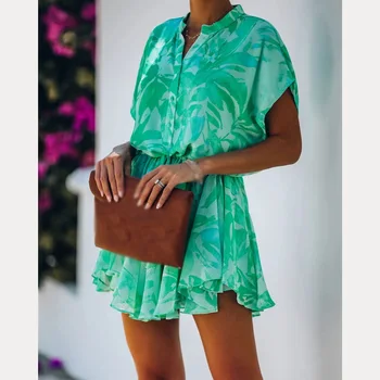 Ženske Poletje Obleko Ženski Vestidos Priložnostne Boho Obleke 2021 Listov Tiskanje Ogrlicom Beach Kratek Rokav Zvezal Mini Obleka