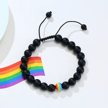 Vnox Priložnostne Naravnega Kamna Kroglice Čar LGBT Ponos Mavrica Zapestnice za Ženske in Moške, z Nastavljivo Spleteno Vrv Verige Nakit