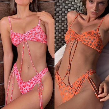 2021 Mikro Bikini Tangice Povoj Nastavljiv Swimsuti Seksi Kopalke Ženske Poletje Bikini Komplet Cvjetnim Tiskanja Biquini Plaža Obrabe
