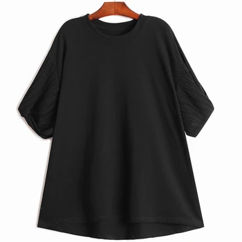 [EAM] Žensk Black Priložnostne Naguban Razrezana Šifon T-shirt Nov Krog Vratu Kratek Rokav Moda Plima Pomlad Poletje 2021 1DD8924