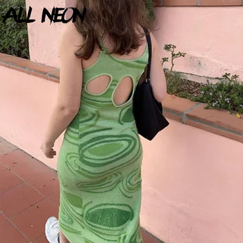 ALLNeon letu 2000 Moda Votel, Iz Pletenih Cami Obleko Y2K Ulične Backless Tiskanje Zelena Midi Obleke Vintage Obleke Slim