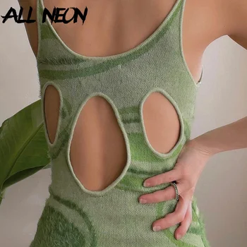 ALLNeon letu 2000 Moda Votel, Iz Pletenih Cami Obleko Y2K Ulične Backless Tiskanje Zelena Midi Obleke Vintage Obleke Slim