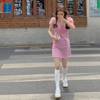 Obleka Ženske Bodycon Klasične Kariran A-Slim line Mode korejskem Slogu Poletje Preppy Teen Dekleta College Sundress Puff Rokav Chic
