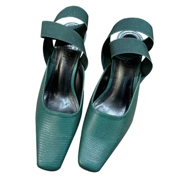 Vintage Čevlji Elegantno Črno Zelena Kvadratnih Visoko peto Čevlje Pomlad Poletje Moda Zavezujoče Ženski Čevlji