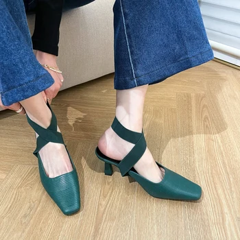 Vintage Čevlji Elegantno Črno Zelena Kvadratnih Visoko peto Čevlje Pomlad Poletje Moda Zavezujoče Ženski Čevlji