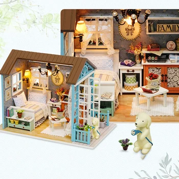 DIY Miniaturni Lutke Z Mini Pohištvo LED Luči HandmadeBuilding Model Počitnice Lutka Hiša Igrače Diy igrače