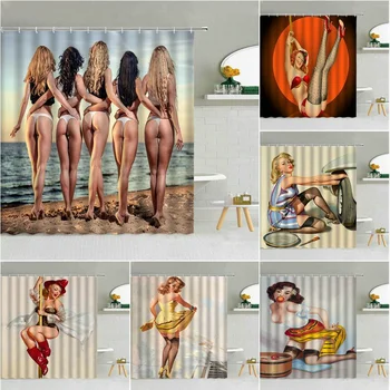 Ameriški Seksi Ženska Tuš Zavesa Moda Bikini Model, Obmorska Pokrajina, Kopalnica Retro Dekor Skušnjavi, Dekle Kopel Kljuke Zavese