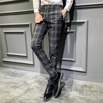 Slim Fit Črna Siva Modra Mens Obleko Hlače Modnih Moških Kariran Pantalon Homme Classique Mens Hlače Formalnih Poslovnih Priložnostne P48