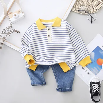 Otroška Oblačila, ki korejski Dojenčka Moda Dolgo Sleeved Striped Majica Polo Pulover Kavbojke Dva-Delni Set Pomlad Malčka Dekle Set