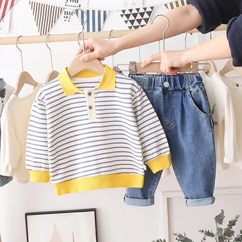 Otroška Oblačila, ki korejski Dojenčka Moda Dolgo Sleeved Striped Majica Polo Pulover Kavbojke Dva-Delni Set Pomlad Malčka Dekle Set