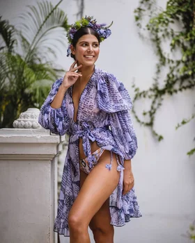 Plaža Obleko 2021 Bikini Prikriti Tiskanja Kopalke Ženske Kimono Plus Velikost Tunika Seksi Dolg Rokav Kopalke Pokrov-Ups
